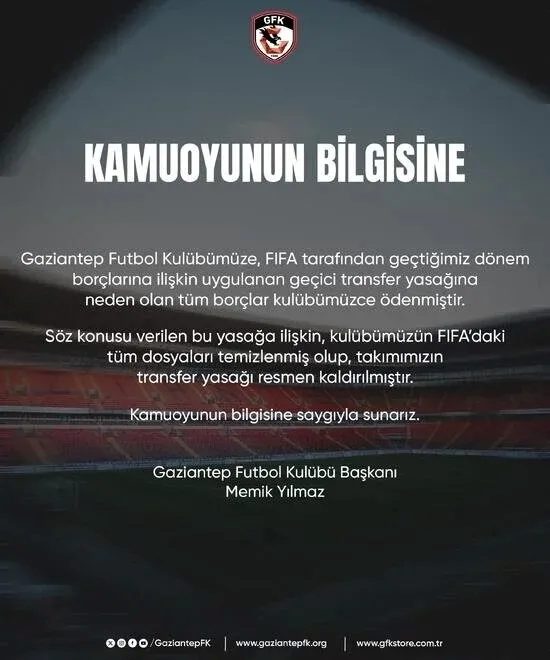 Gaziantep FK transfer yasağının kaldırıldığını duyurdu! 2 gaziantep fk transfer yasaginin kaldirildigini duyurdu 0 lE6Jfz4T