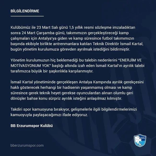 Son dakika spor haberi: BB Erzurumspor'da İsmail Kartal dönemi sona erdi! 5 gün evvel getirilmişti... 2 son dakika spor haberi bb erzurumsporda ismail kartal donemi sona erdi 5 gun evvel