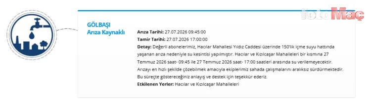 ankarada su kesintisi 27 temmuz sular ne vakit gelecek 2