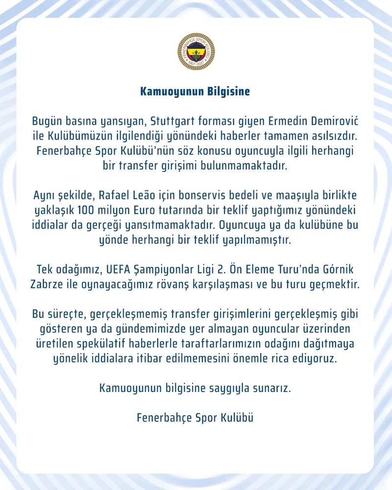 Fenerbahçe'den transfer açıklaması! Leao ve Demirovic... 2 fenerbahceden transfer aciklamasi leao ve demirovic 0